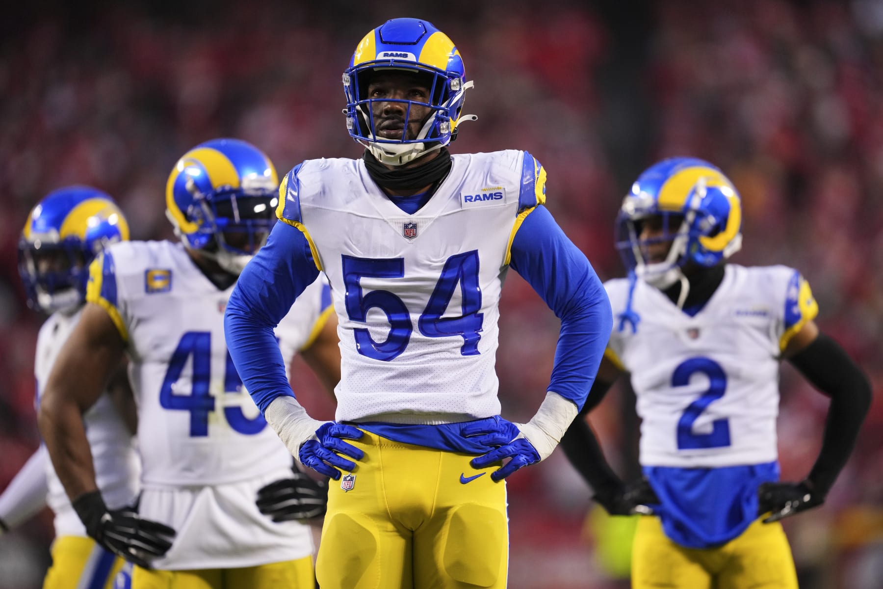 KANSAS CITY, MO - NOVEMBER 27: Leonard Floyd #54 of the Los Angeles Rams gets set against the Kansas City Chiefs at GEHA Field at Arrowhead Stadium on November 27, 2022 in Kansas City, Missouri. (Photo by Cooper Neill/Getty Images)